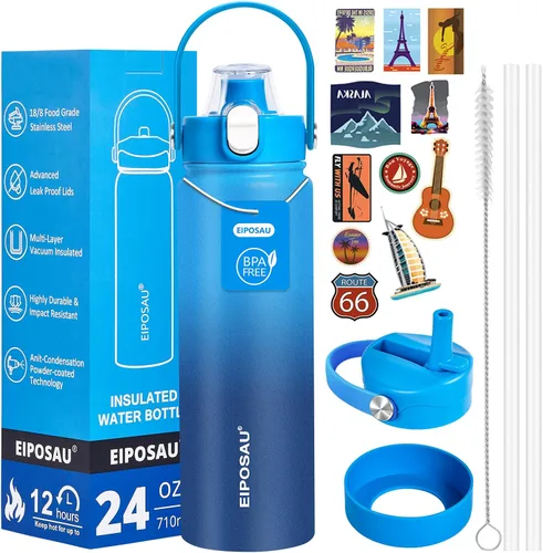 Vista 15 de Botella de agua aislada con tapa, bota y calcomanías, botella de acero inoxidable de 24 onzas, sin sudor, mantiene el frío las 24 horas, botella
