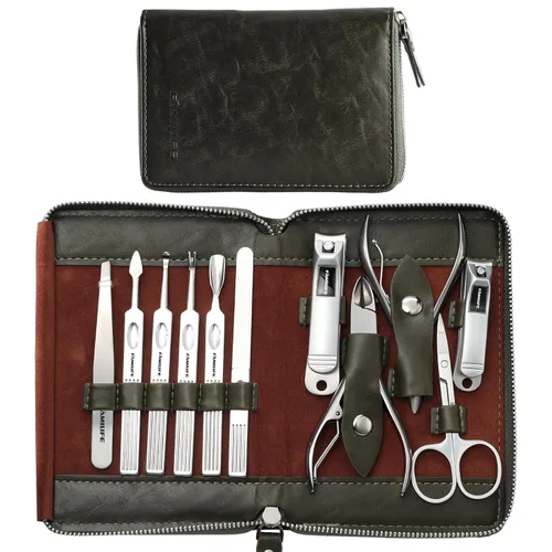 Vista 15 de FAMILIFE - Kit de manicura profesional para uñas, 11 en 1, de acero inoxidable, con estuche de viaje portátil de cuero negro, regalos de lujo para él