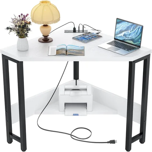 Vista 12 de Armocity Escritorio esquinero pequeño con tomas de corriente, mesa de esquina para espacio pequeño, escritorio de computadora con puertos USB