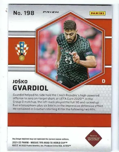 Vista 2 de JOSKO GVARDIOL 2022 Panini Mosaic Camino a la Copa Mundial de la FIFA Qatar 2022 Fútbol #198 ROJO MOSAIC PRIZM PARALEL Rookie Card RC Croacia RB