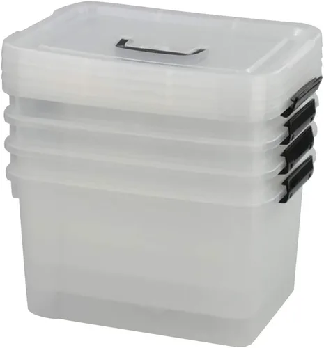 Vista 7 de Caja de almacenamiento de plástico de 10 L, caja de pestillo transparente con asa, juego de 4 Pestillos de bloqueo apretado, para armario, garaje
