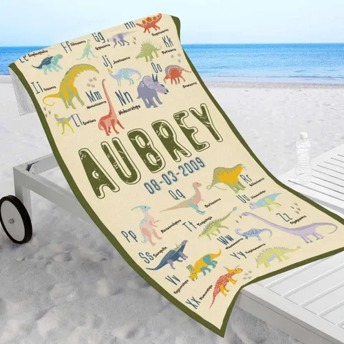 Vista 4 de Toalla de playa personalizada de dinosaurio para niños, bebés, niños y niñas con nombre de 30 x 56 pulgadas, toalla de baño con nombre personalizado