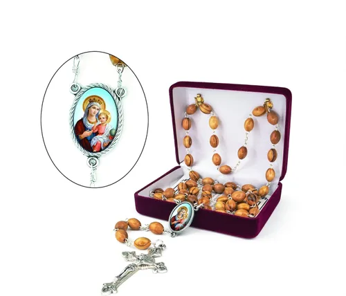 Vista 2 de TREE OF LIFE REV. 2214 Collar de rosario católico de madera de Israel, cuentas de rosario de madera de olivo con retrato de icono y colgante de cruz