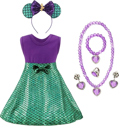 Vista 2 de Disfraz de sirena para niñas, ropa de vestir de princesa con accesorios, juego de fiesta de cumpleaños de Halloween