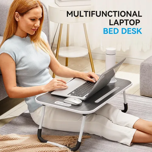 Vista 6 de BUYIFY Escritorio Plegable para Regazo, Escritorio Portátil de Madera Negra de 23 Pulgadas para Laptop en Cama con Portavasos, para Trabajar, Leer