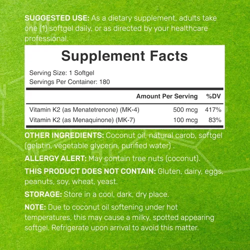 Vista 2 de DEAL SUPPLEMENT Suplemento de vitamina K2 de 600 mcg, 180 cápsulas blandas de aceite de coco Formas MK-7 y MK-4 de alta absorción de espectro
