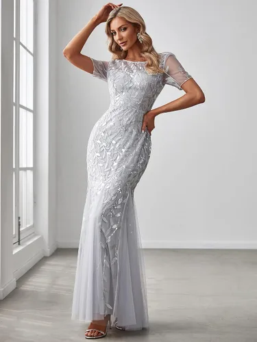 Vista 4 de Ever-Pretty - Vestido de noche elegante de sirena con bordado de lentejuelas, manga corta, escote ilusión para mujer, 07707-USA