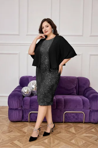 Vista 5 de Hanna Nikole Vestido formal para mujer, 2 piezas, vestido de fiesta de noche con lentejuelas para madre de la novia con chaqueta de gasa