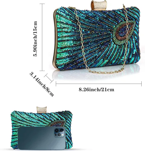 Vista 3 de BWKUNOLF Bolsos de mano de lentejuelas con cuentas de pavo real para fiesta y boda