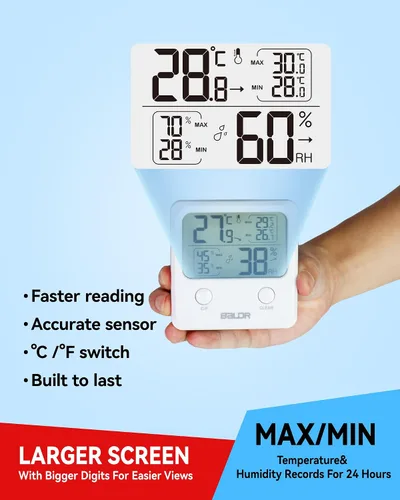 Vista 3 de BALDR Sensor digital de humedad y termómetro - Monitor de habitación interior, medidor inalámbrico de temperatura y humedad