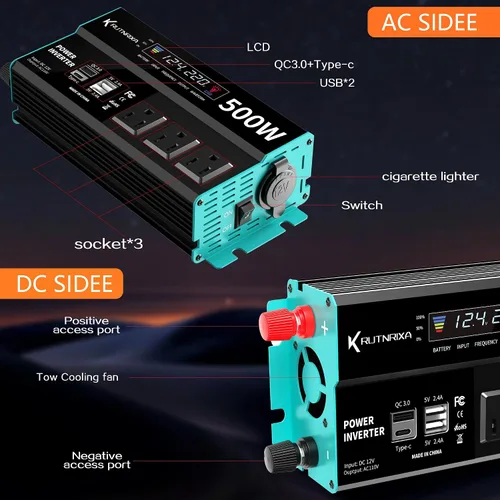 Vista 2 de Inversores de potencia de 500 W, pico de 1000 W, 12 V CC a 110 V CA, convertidor para vehículos USB-C/PD de 25 W, puertos de carga rápida, adaptador