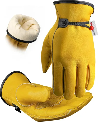 Vista 7 de DULFINE Winter Insulated Cowhide Leather Work Gloves for Men and Women Amarillo/muñeca de punto