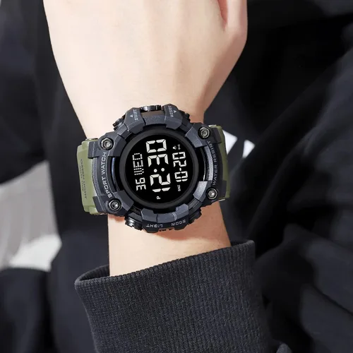 Vista 5 de Fanmis Reloj digital digital multifunción para hombre, electrónico, impermeable, con alarma, reloj deportivo de cuarzo, Azul Patchwork