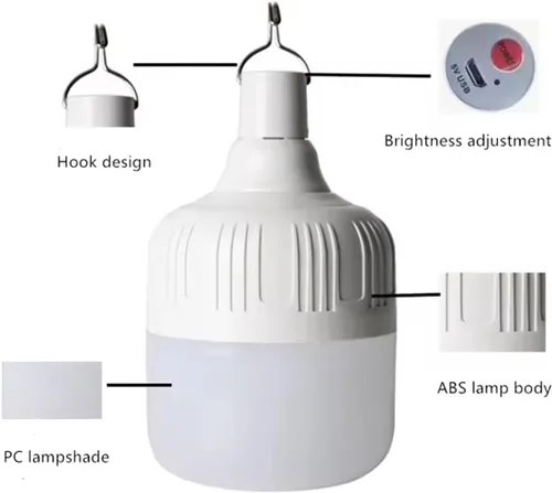 Vista 5 de Bombilla LED de emergencia multifuncional con carga USB, capaz de recargar dispositivos móviles, ideal para cortes de energía, campamento en tienda