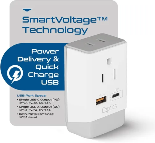 Vista 5 de Ceptics - Adaptador de enchufe para Reino Unido, Irlanda, Hong Kong, enchufe de corriente internacional con USB y USB-C - 2 tomas de EE. UU., QC 3.0