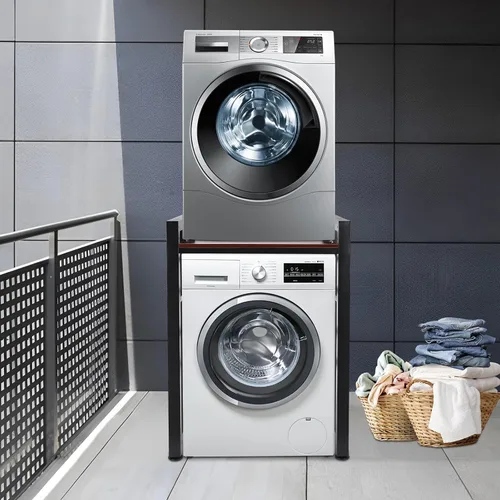 Vista 9 de Soporte apilable para lavadora y secadora, estantes resistentes para lavadora y secadora con estante ajustable, estante de almacenamiento apilable