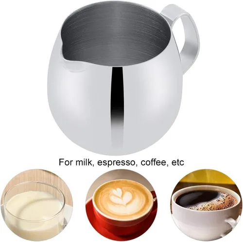 Vista 5 de Jarra de espuma de leche, jarra gruesa de acero inoxidable para café con leche, taza de espuma de café, jarra de leche plateada (10.1 fl oz)