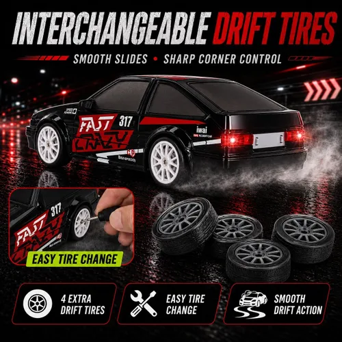 Vista 3 de Liberty Imports RC Drift Car 1/24 2.4GHz 4WD Control remoto Sport Racing Vehículo en carretera con luz LED, baterías y neumáticos de deriva