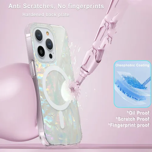 Vista 4 de Funda MagSafe para iPhone 15 Pro para mujeres y niñas, funda magnética iridiscente con purpurina iridiscente de ópalo perlado