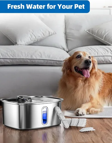 Vista 7 de Fuente de agua para perros grandes, fuente de acero inoxidable para perros de 9 l/2.4 galones con ventana visible y filtración, dispensador