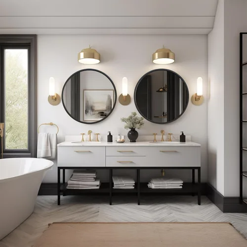 Vista 4 de G-LEAF Espejo redondo negro de 32 pulgadas para tocador de baño, entrada, sala de estar, espejo de baño redondo para pared