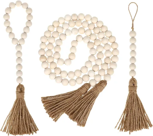 Vista 6 de IMIKEYA Guirnalda de cuentas de madera con borlas de 57 pulgadas, decoración rústica natural de granja para centros de mesa del hogar, bandejas Beige