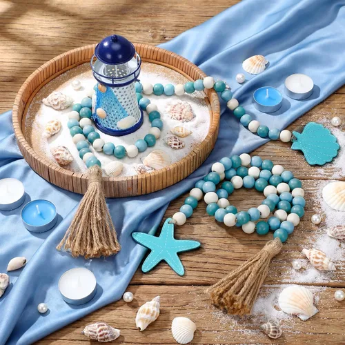 Vista 5 de Janinka Guirnalda de cuentas de madera con borlas, decoración costera Azul