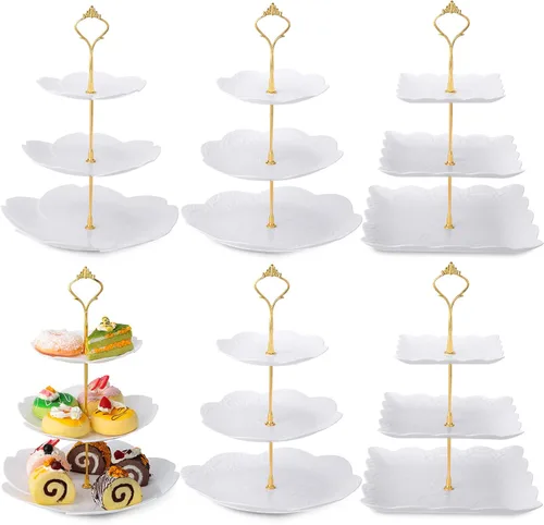 Vista 10 de Sawysine Paquete de 6 bandejas para servir de 3 niveles, torre de servicio de 3 niveles, soporte de postre a granel, bandeja de plástico grueso