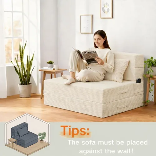 Vista 8 de Sofá Cama Individual Plegable Silla Sofá Cama con Almohada, Twin, Beige Cama de silla plegable