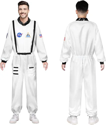 Vista 4 de DreamJ Disfraz de astronauta para adultos, niños y hombres, traje espacial para niños pequeños, traje de vuelo espacial para Halloween, disfraz