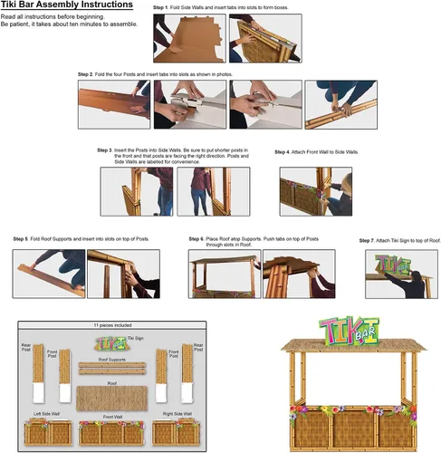 Vista 3 de Beistle 3-D Tiki Bar Prop - Pantalla grande de cartón corrugado Luau, 6 pies 11 pulgadas x 7 pies 3 pulgadas, decoración de fiesta de playa temática