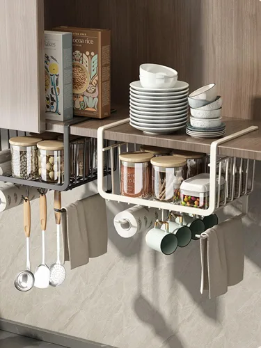 Vista 3 de Cesta debajo del estante, armario de cocina con ganchos para colgar debajo del estante, cesta de almacenamiento, organizador de armario de cocina