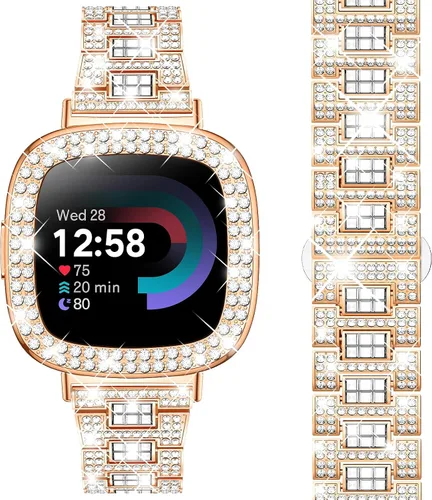 Vista 11 de Dsytom Bling Banda de Reloj Elegante Compatible con Fitbit Versa 4, Sense 2, Versa 3, Sense - Correa Linda con Funda Protectora de Rinstone