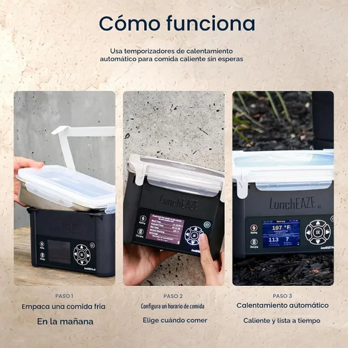Vista 3 de LunchEAZE Pro Lonchera Calentable Sin Cable – Con Batería, Capacidad de 4 Tazas, Máx. 220°F, Calefacción Programada Automática, Incluye Bolsa