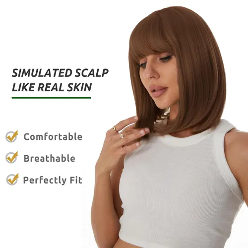 Vista 5 de Onpep Pelucas de cabello castaño rojizo con flequillo para mujer, longitud corta y recta, resistente al calor, peluca sintética resistente al calor