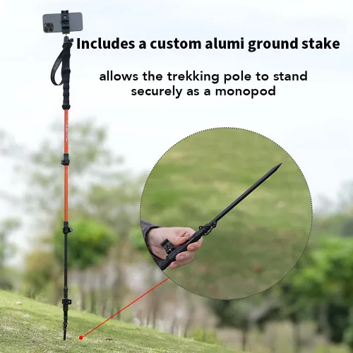 Vista 5 de Selfie Trekking Pole – Ultralight 7075 Aluminum Hiking Poles with Built-in 1/4” Mount, Selfie Clamp, Tripod & Camera Kit – Adjustable Flip-Lock