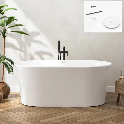 Vista 13 de FerdY Tahití - Bañera de acrílico independiente de 55 pulgadas, elegante bañera de remojo de forma ovalada, blanco brillante, drenaje dorado