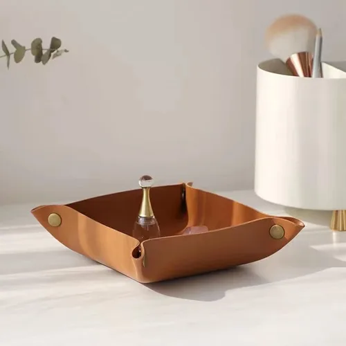 Vista 4 de Bandeja de valet, bandeja EDC Catchall para llaves, relojes, joyas, monedas y billetera, organizador de escritorio (marrón-S)