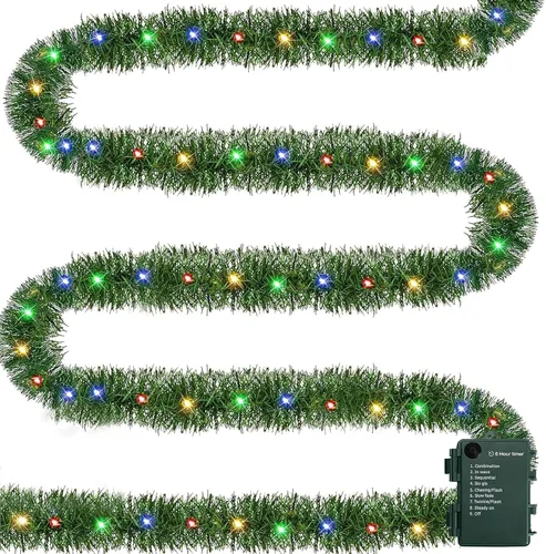 Vista 8 de Dazzle Bright Guirnalda de Navidad artificial de 15 pies, 50 luces LED preiluminadas, funciona con pilas, decoración de Navidad iluminada