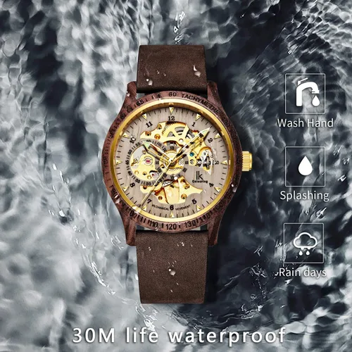 Vista 6 de Relojes para hombre de lujo, caja mecánica de madera, esqueleto Lumious, cuerda automática, ligera, pulsera de cuero auténtico, correa de madera