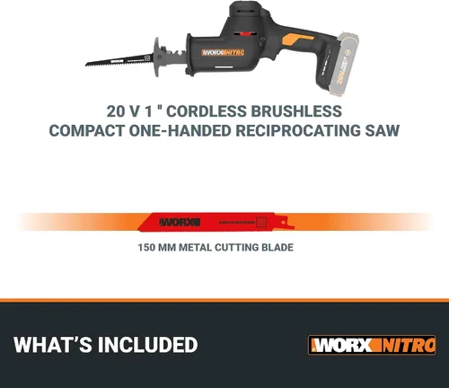 Vista 8 de WORX Sierra recíproca inalámbrica compacta de 20 V, longitud de carrera de 1 pulgada, motor sin escobillas para un 50% más de tiempo