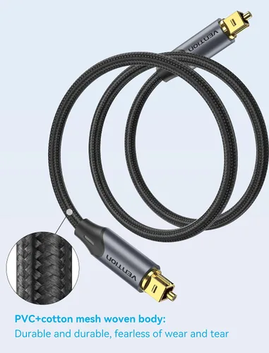 Vista 4 de VENTION TOSLINK - Cable de audio óptico, cable de fibra óptica trenzado de nailon de 3.3 pies, cable óptico de audio digital S/PDIF para barra