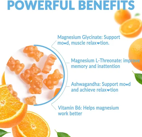 Vista 4 de Gomitas de glicinato de magnesio, glicinato de magnesio con L-treonato, Ashwagandha, L-teanina, suplementos de magnesio para mujeres y hombres