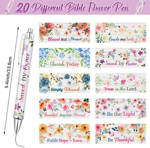 Vista 3 de Sabary 20 bolígrafos con versículo bíblico, con frases inspiradoras de flores cristianas, divertidos bolígrafos retráctiles de tinta para oficina