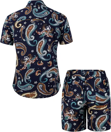 Vista 3 de Atwfo Conjunto de camisa hawaiana y pantalón corto para hombre, conjunto de 2 piezas para vacaciones, casual, con botones, playa, trajes florales