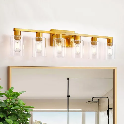 Vista 11 de Lámpara de tocador de baño de 4 luces, lámparas de baño negro mate con pantalla de vidrio transparente, 4 luces de tocador, accesorios
