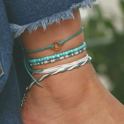 Vista 2 de Juego de pulseras de tobillo bohemias ajustables impermeables y trenzadas, tobilleras hawaianas, regalos de joyería para mujeres, adolescentes