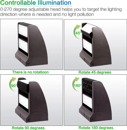 Vista 3 de Luz giratoria del paquete de la pared de la cabeza LED de 80W, 5000K 10800LM 5000K IP65 impermeable, 100-277V, UL listado, iluminación