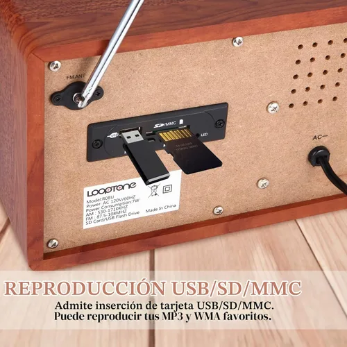 Vista 6 de LoopTone Radio vintage AM FM multifunción USB SD con altavoz Bluetooth, radio de mesa de madera retro para cocina, sala de estar con perilla