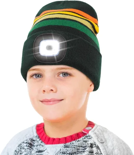 Vista 22 de Gorro LED para Niños, Unisex Gorro con Linterna Frontal Recargable de Invierno con Luz Nocturna, Regalos para Niños y Niñas Naranja
